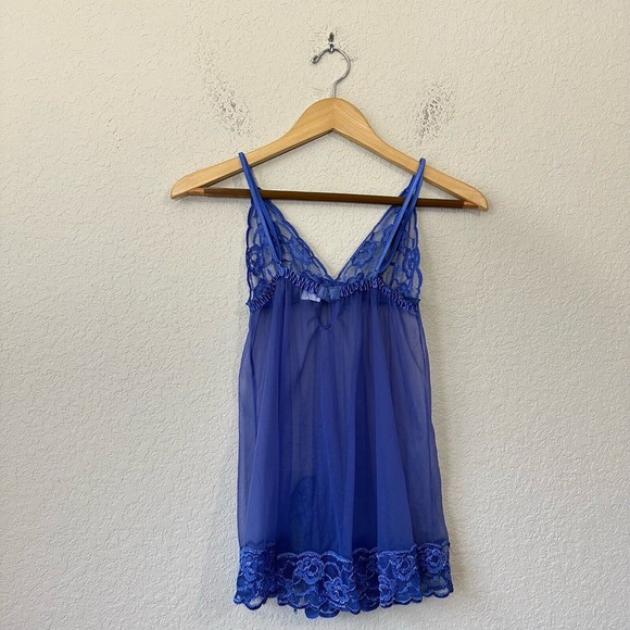 VINTAGE FREDERICKS OF HOLLYWOOD Lace See-Through Babydoll Chemise Slip Blue - Picture 5 of 10